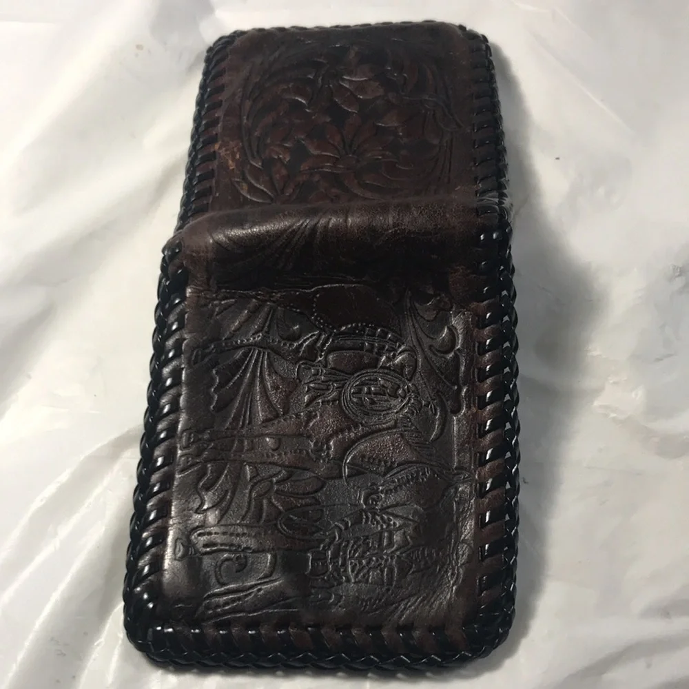 Vintage Handmade Tooled  Brown Leather Western Cowboy Horse and Flowers Wallet